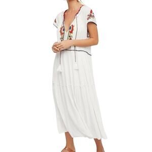 Free People Daisy Fields Maxi Dress Boho Embroidered Ivory Gauze Tiered Size L